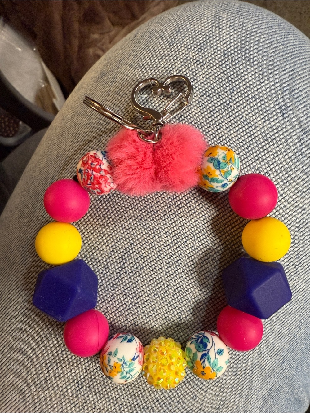 Colorful Beaded Pom-Pom Key & Card Holder Bracelet - Pink, Yellow, Blue